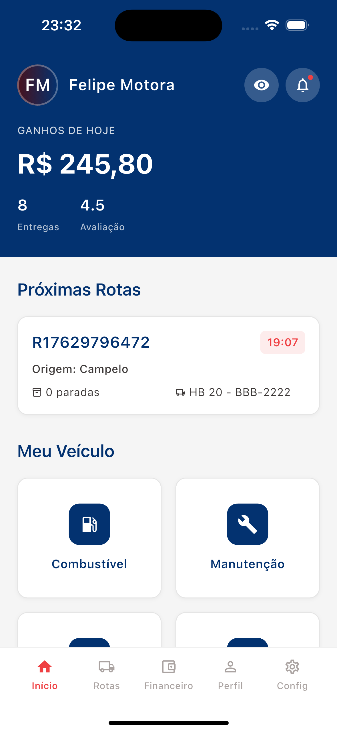 Dashboard - Ganhos e Rotas